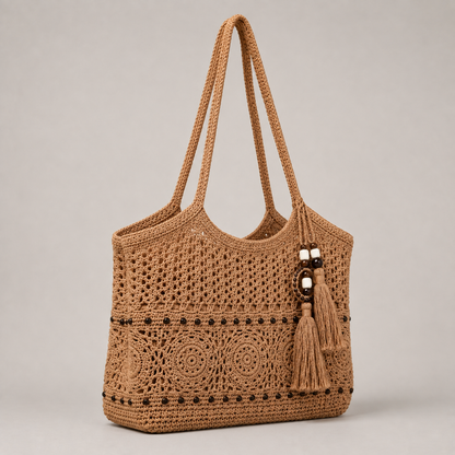 Gehäkelte Boho-Tragetasche in Camel