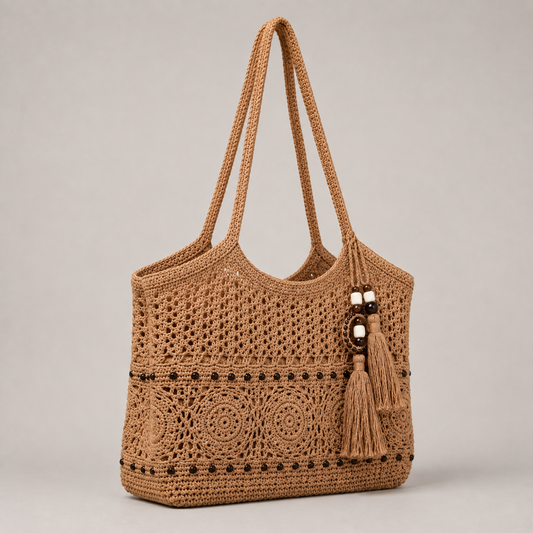 Gehäkelte Boho-Tragetasche in Camel