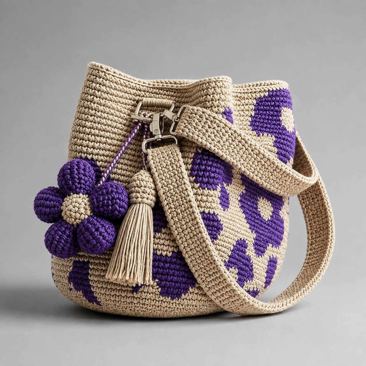 Florale gehäkelte Beuteltasche mit Quaste