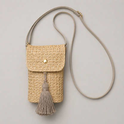 Stroh-Handytasche zum Umhängen als Flatlay